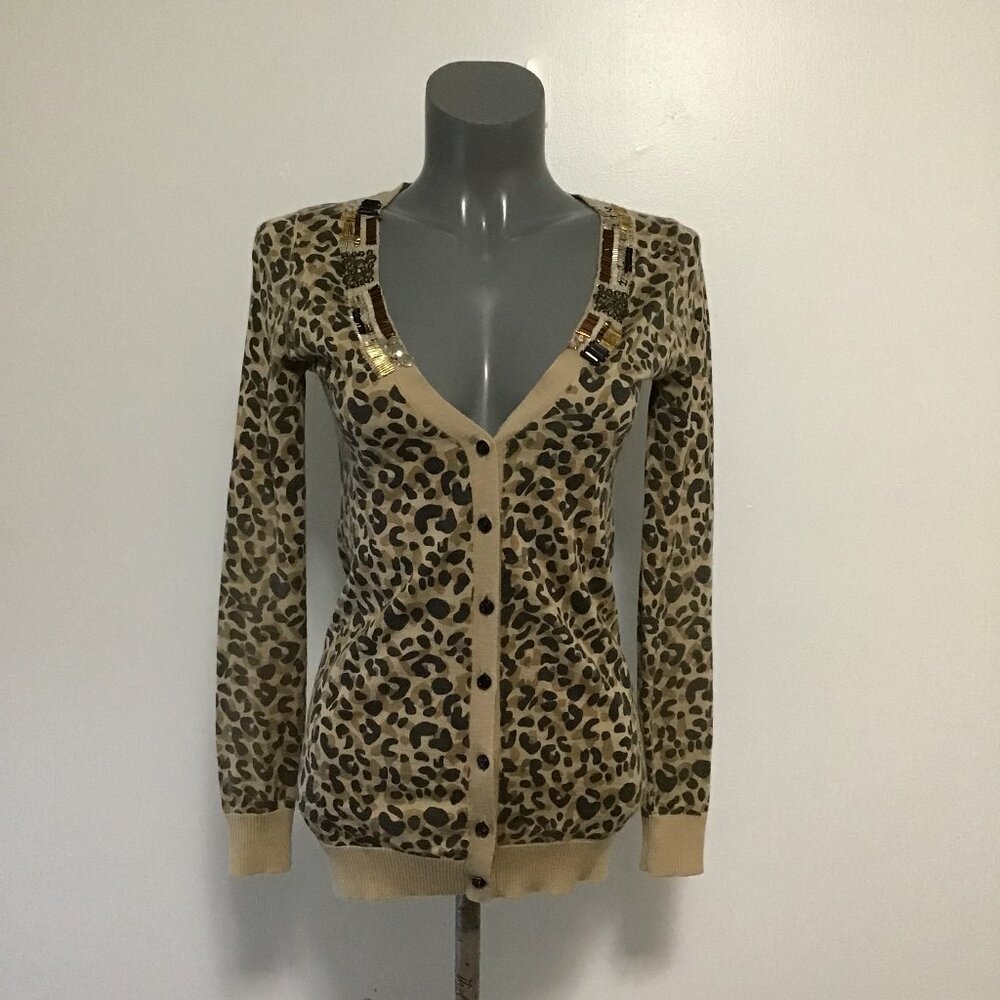 La Chapelle Leopard Print Deep V-Neck Button Front Cardigan Size XS